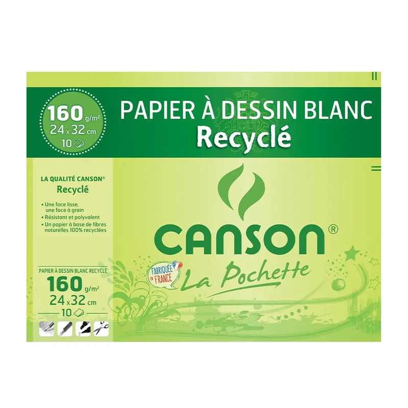 Réduction Pochette de 10 feuilles de papier à dessin CANSON 24x32cm 160g blanc recyclées
